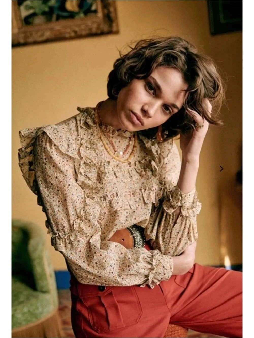 SEZANE Multicolored Floral Ruffle High-Neck Blouse - Picture 2 of 10